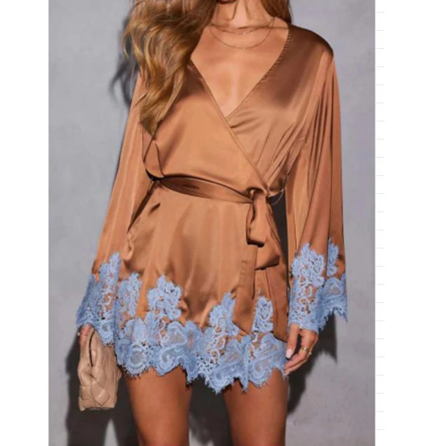 فستان نسائي أنيق مزين بالدانتيل الساتان، فستان قصير أنيق بألوان متباينة وأكمام طويلة ورقبة على شكل حرف V لارتداء المناسبات اليومية #4