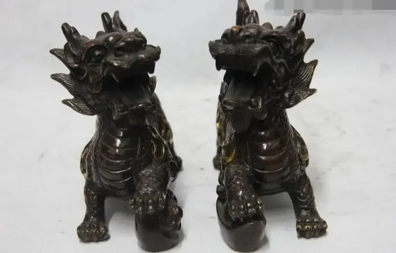 6 Royal Copper Bronze Feng Shui Evil Foo Dog Lion Brave troops Kilin Kylin Pair