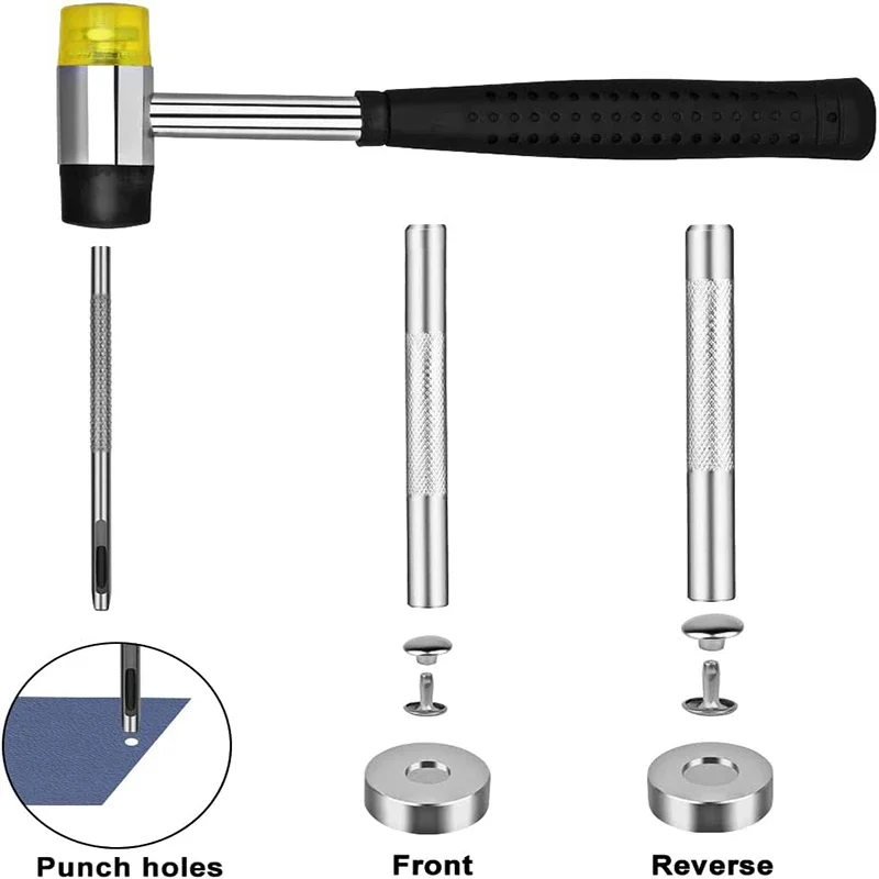 360 Set Rivetti in pelle Rivetti a doppio cappuccio Kit di strumenti di fissaggio per martello in gomma tubolare per vestiti, scarpe, decorazione e riparazione