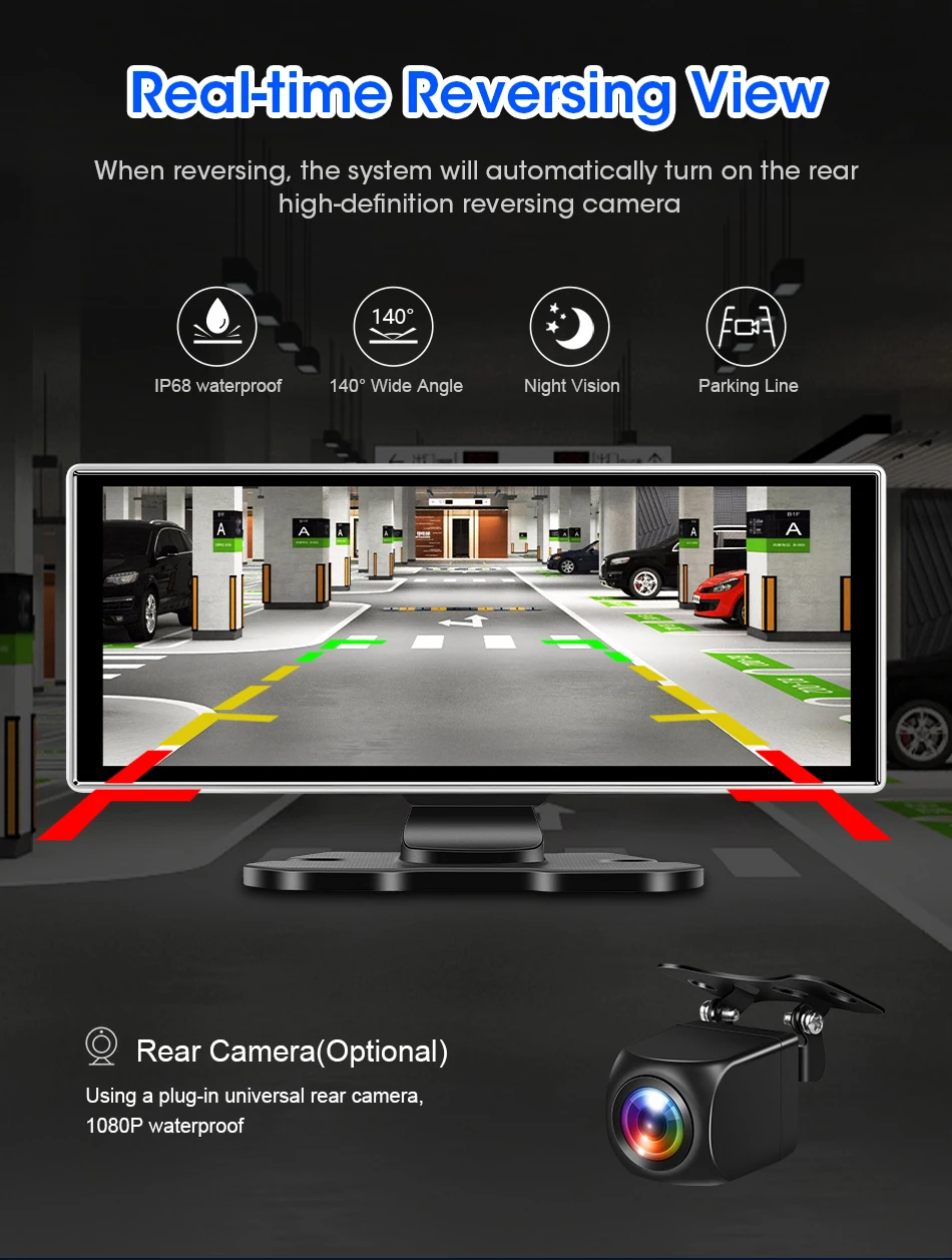 11,26 Zoll Dash Cam 4K Auto DVR Wireless Carplay & Android Auto GPS Navigation Video Recorder Dashboard Dual Objektiv Wifi AUX FM – Detail 20