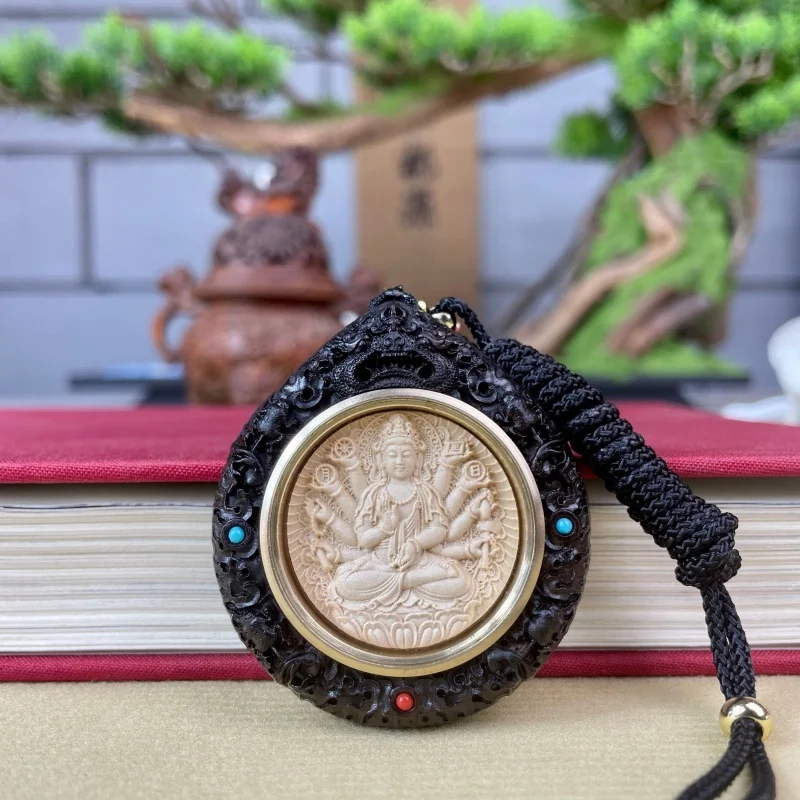 

Black Sandalwood Inlaid With Yellow Poplar Eight Guardian Deities Twelve Zodiac Animals Necklace Of The Original Pendant