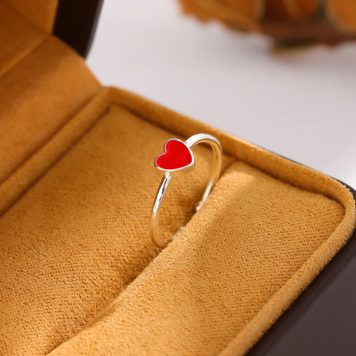 Women's 925 Sterling Silver Red Enamel Love Peach Heart Opening Ring