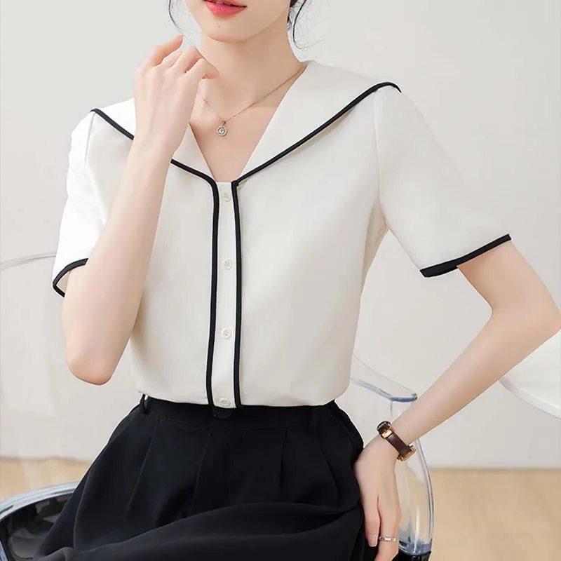 2024 Summer New Sailor Collar Shirts & Blouses Fashion Korean Satin Casual Blouse for Women Patchwork Elegant Office Lady Tops