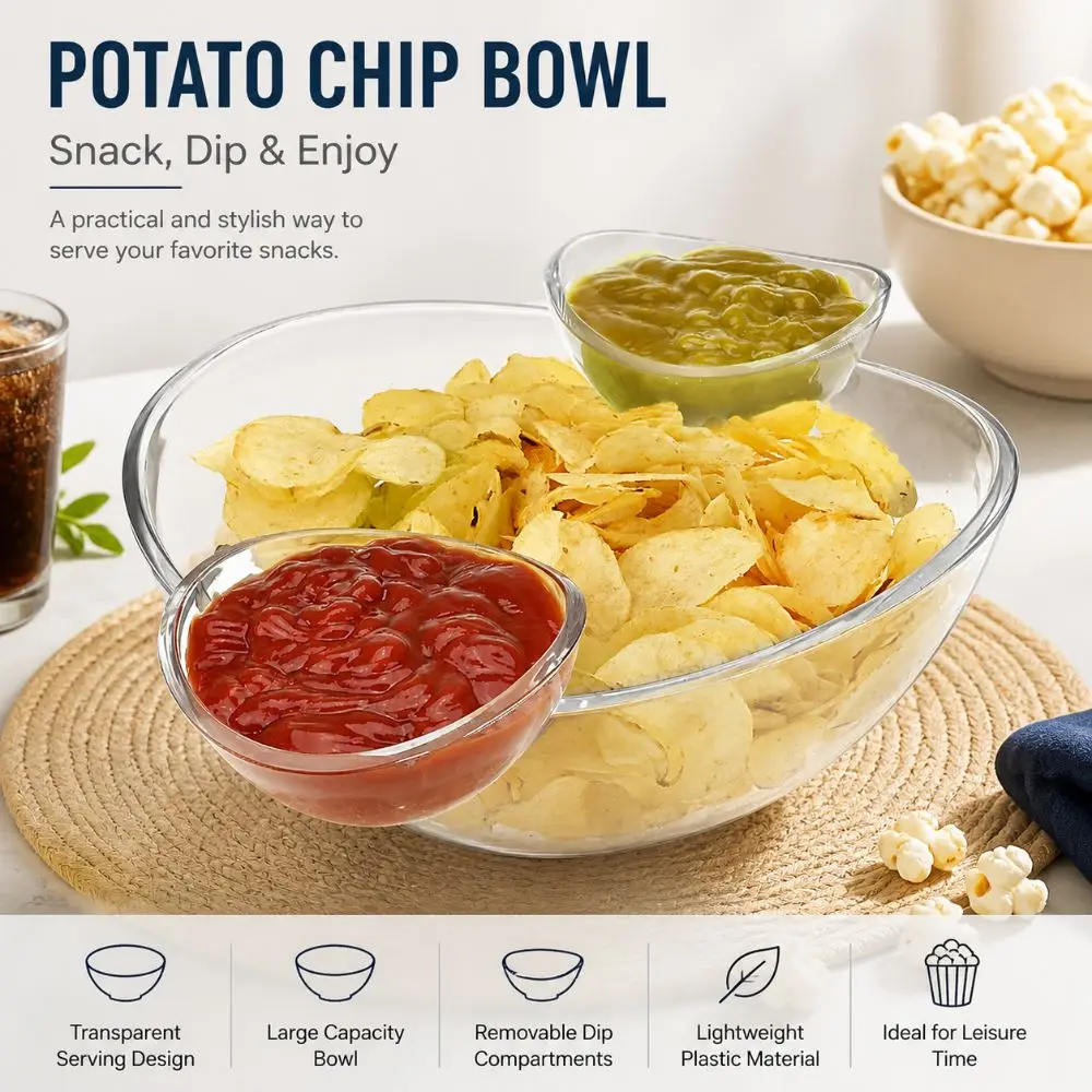 Simple Transparent Potato Chip Bowl Removable Large Capacity Dip Bowl Set Plastic Round Corn Chips Bowl for Party