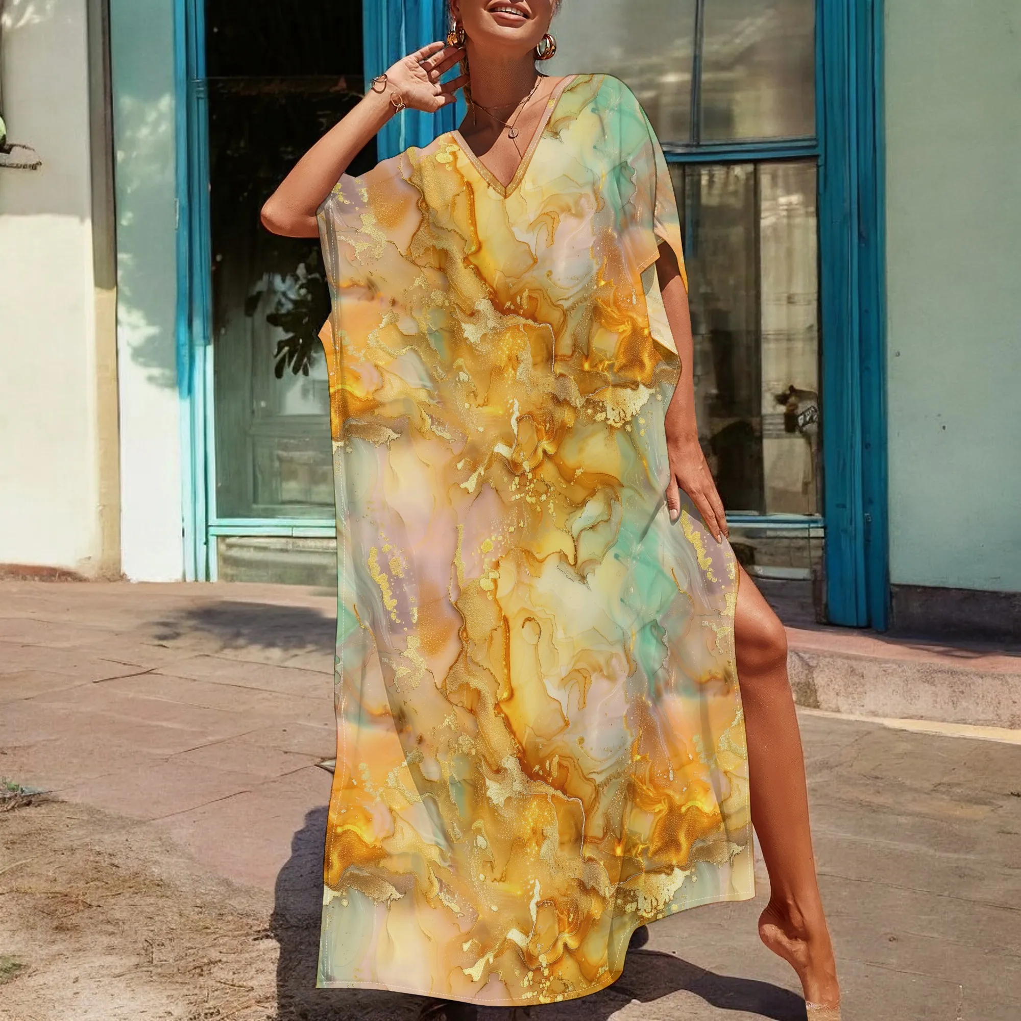 

Luxury Gold Marble Print Kaftan Dress 2025 Resort Robe Maxi for Women S-3XL Beach Holiday Look