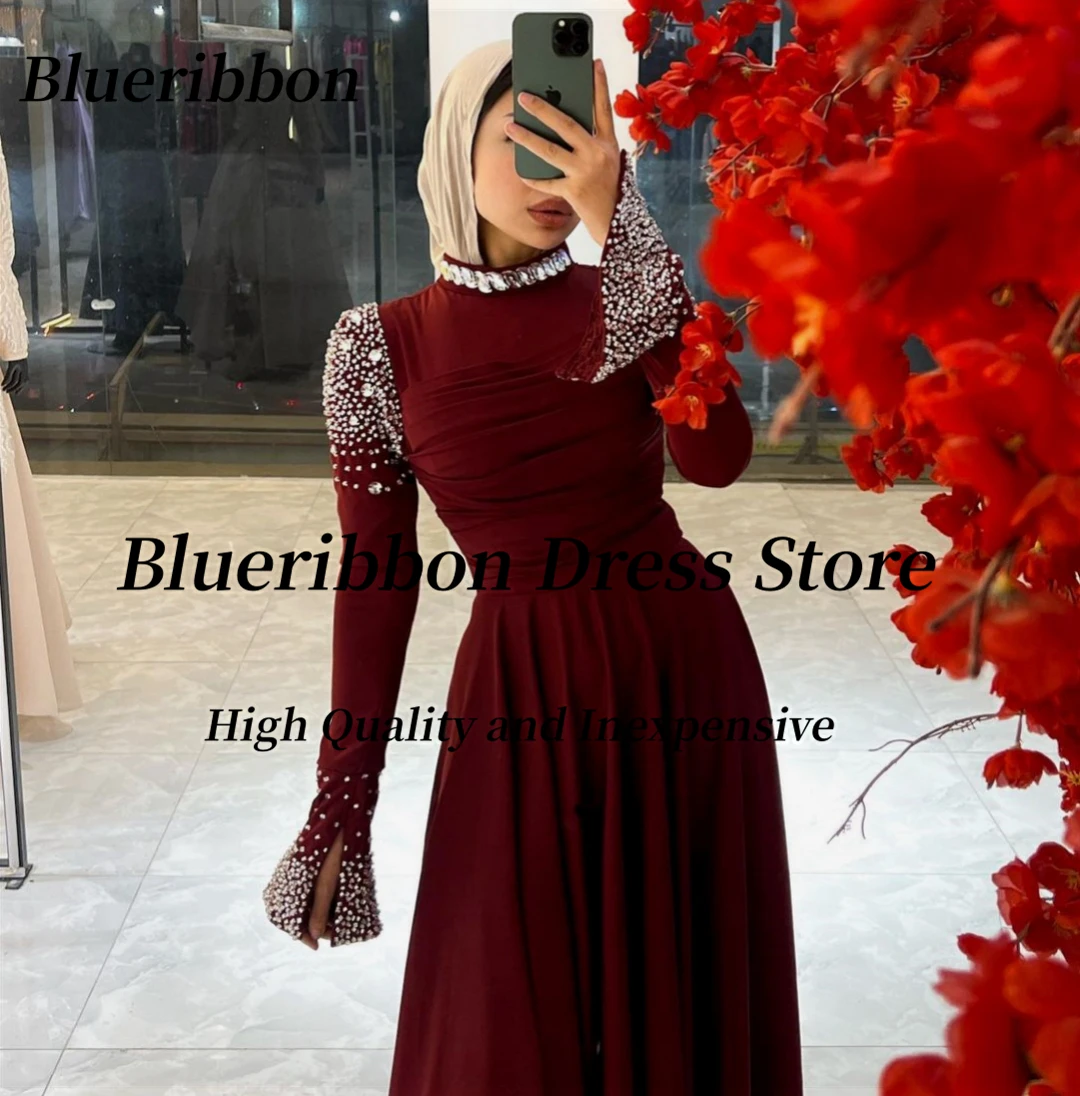 Blueribbon Burgundy Evening Dresses for Dubai Women High Collar Beaded Long Sleeves Prom Dress A Line Wedding Party Special Gown