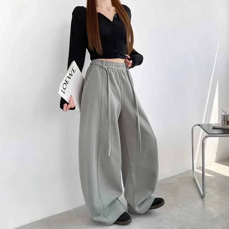 

Модные спортивные штаны на шнурке, женские осенние уличные брюки с высокой талией, свободные широкие брюки Y2K, американские универсальные прямые брюки