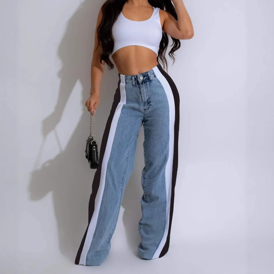 

Denim Pant Women Mom Jeans Wide Leg Long Pants Leopard Print High Waist Straight Trousers Y2k Streetwear Elegant Splice Work
