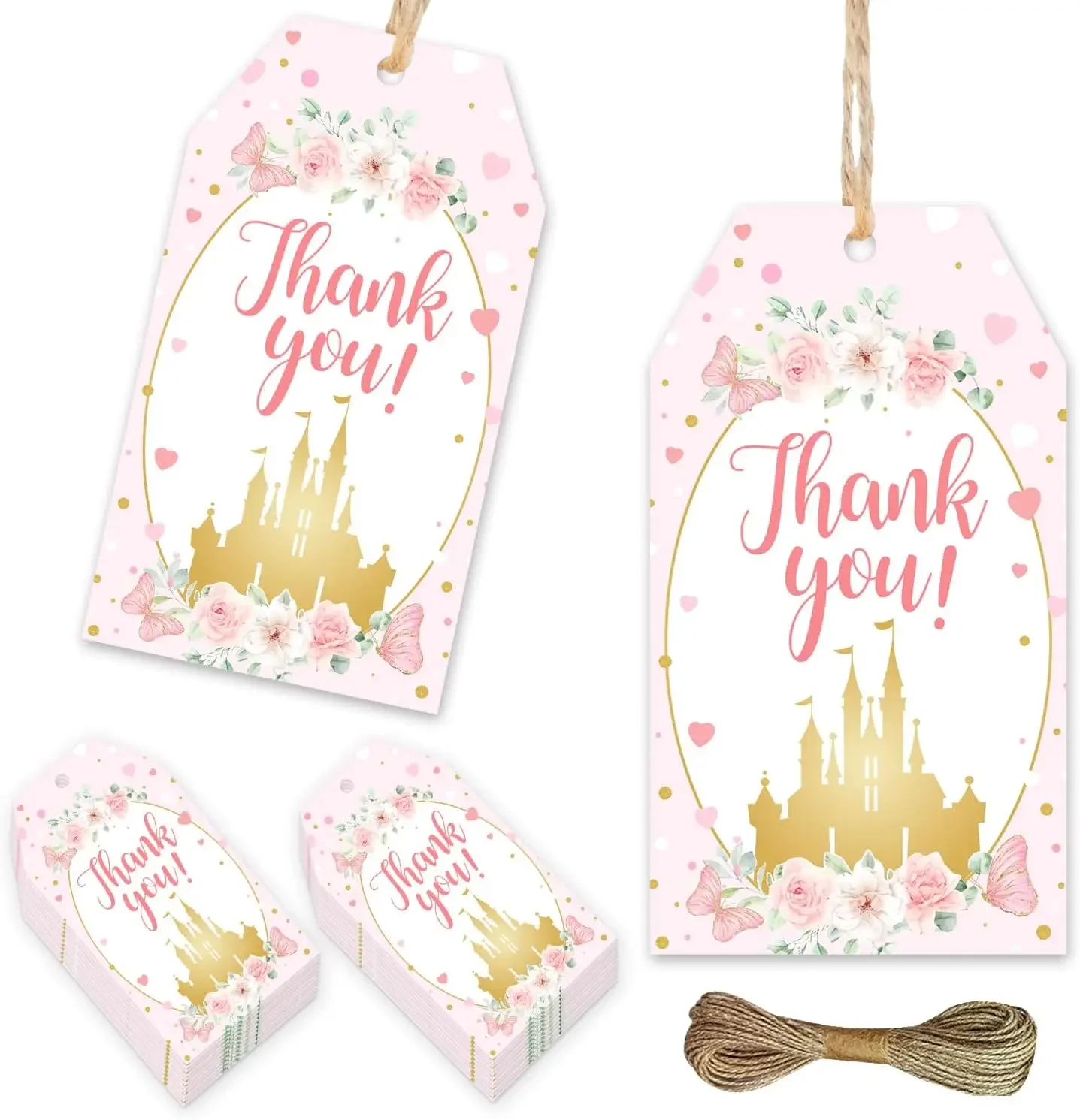 50Pcs Princess Theme Thank You Tags Pink Floral Castle Thank You Paper Gift Tags Hanging Labels for Girl Princess Party Supplies