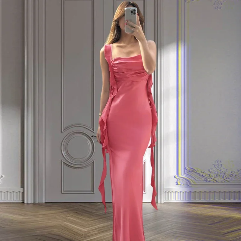 

2024 Elegant Stain Straps Backless Solid Draped Tassel Sexy Slim Maxi Prom Dress Women Outfit Wedding Birthday Party