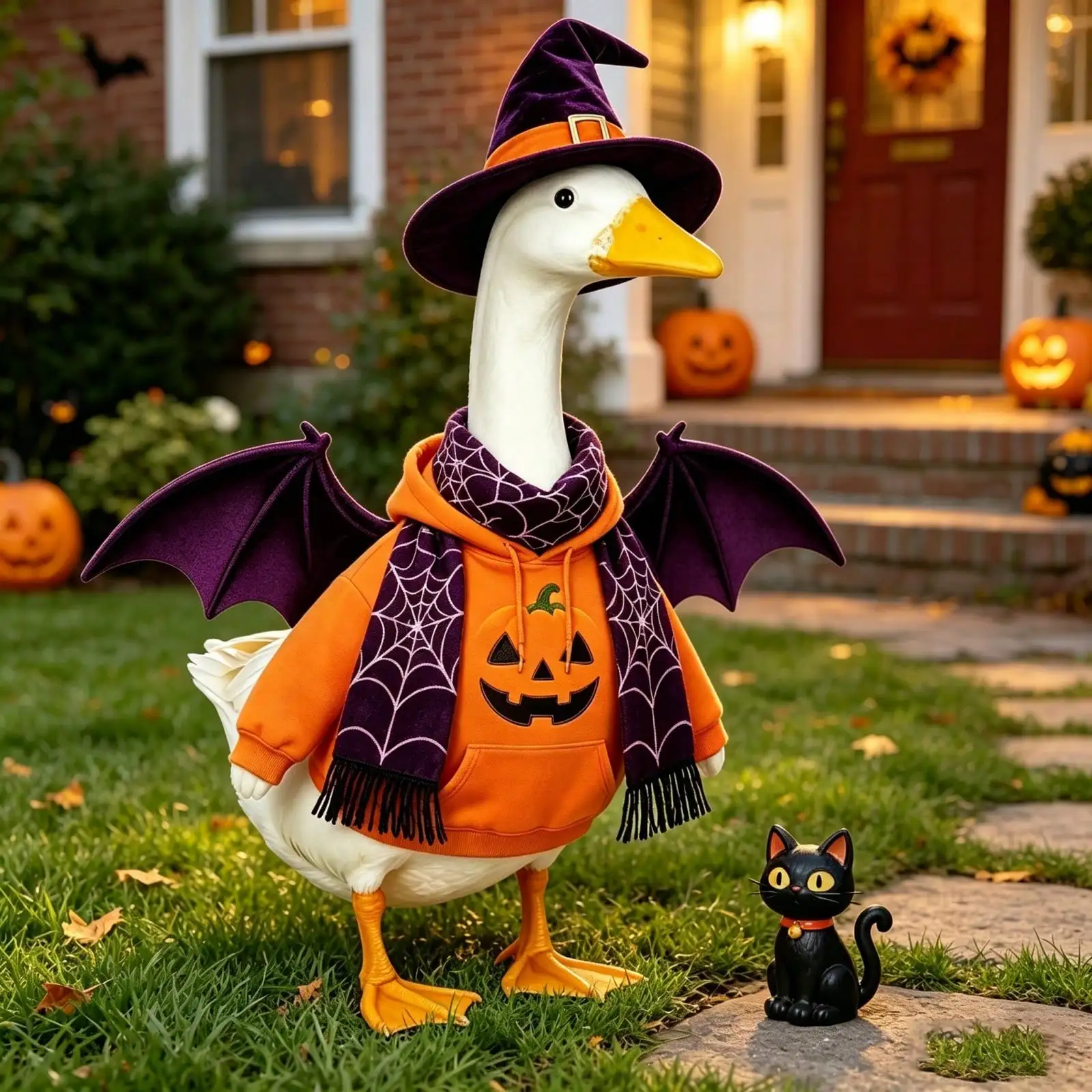 Halloween Jack O Lantern Print Hoodie Goose Outfit For Lawn Porch Goose Statue, Pumpkin Face Drawstring Hooded Sweatshirt, Purple Spider Web Tassel Scarf, Detachable Purple Bat Wings Velvet Witch Hat, Spooky Autumn Front Yard Outdoor Decor Costume