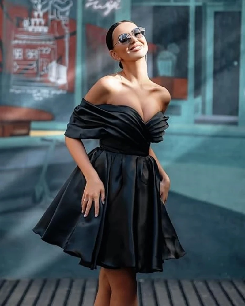 

Платья для встречи выпускников с открытыми плечами для подростков, атласное короткое платье для выпускного вечера, мини-коктейльные платья с оборками