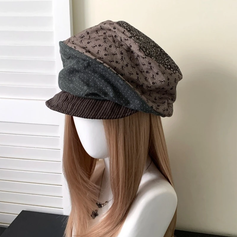Koreanischer Stil Patchwork Blumenmuster Baskenmütze Herbst Literarisch Retro Große Ausführung Weiche Krempe Modische Achteckige Newsboy-Kappen für Damen – Detail 3