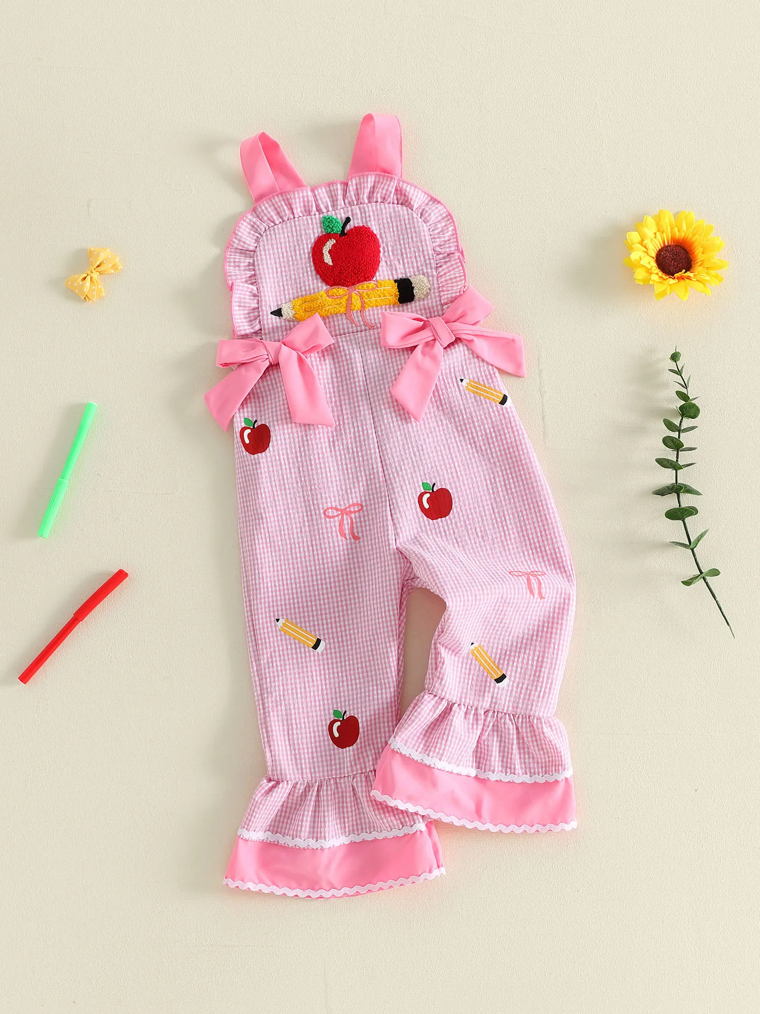 

Toddler Girls Back-to-School Denim Overalls with Floral Embroidery and Ruffle Detail Cute Bow Suspender Pants for Kids