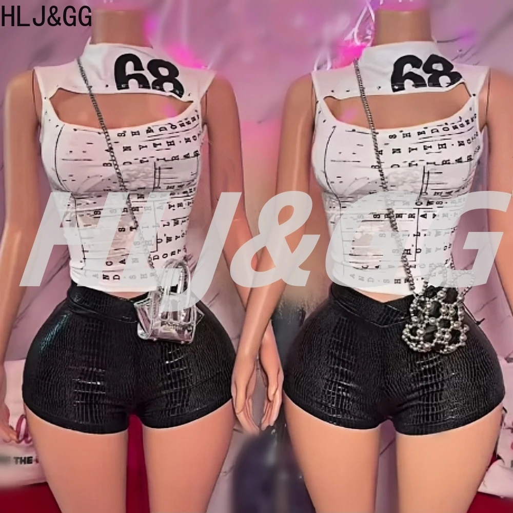 

HLJ&GG Y2K Fashion Letter Printing Hollow Two Piece Sets Women Round Neck Sleeveless Slim Crop Top And Leather Shorts Outfits
