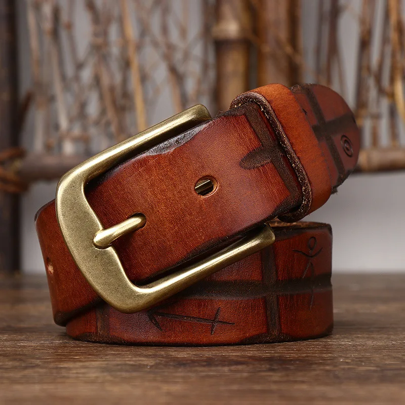 38mm Wide Vintage Water Shampoo Layer Pure Cowhide Leather Belt Genuine Leather Korean Version Fashionable Copper Buckle