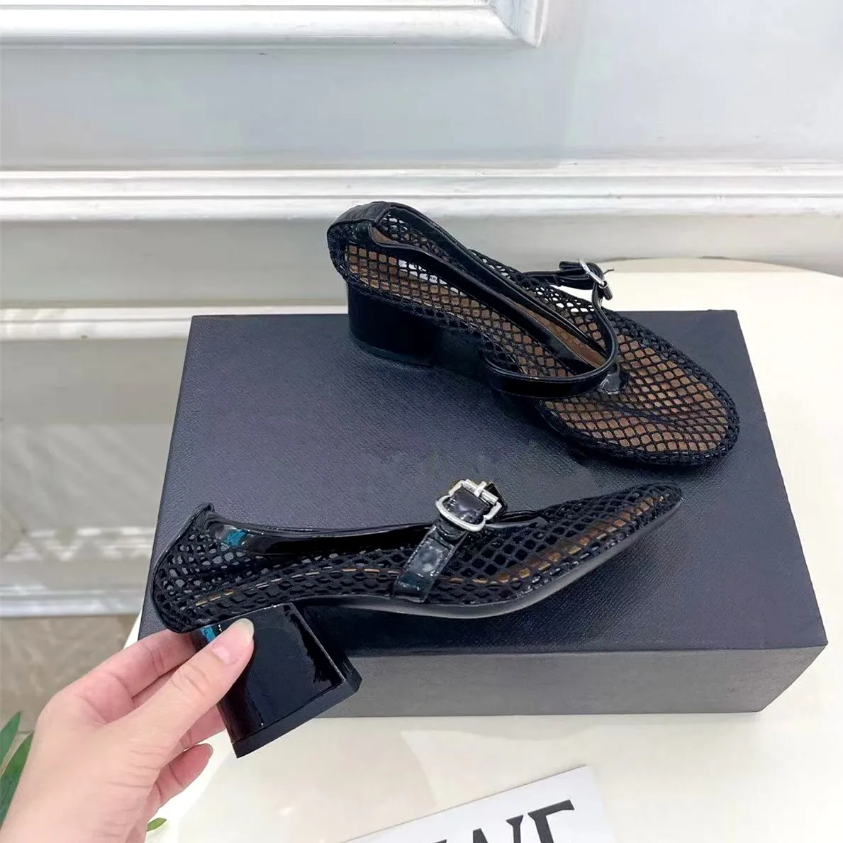 Designer Brand Mesh High Heels, Ballet Flats, Genuine Leather Laced Fishnet Shoes, Strappy Sandals, Block Heels, Mary Jane Flats
