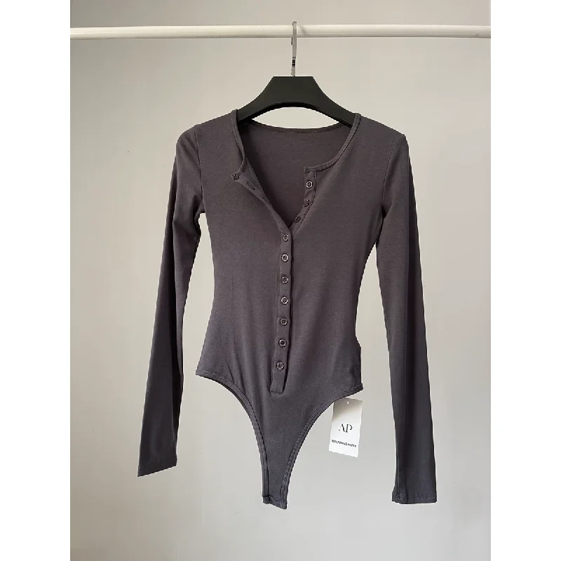 Sexy Spicy Girl Pure Color round Neck Single Button Bodysuit Women's Tight Slim Fit Long Sleeve T-Shirt Top for Autumn