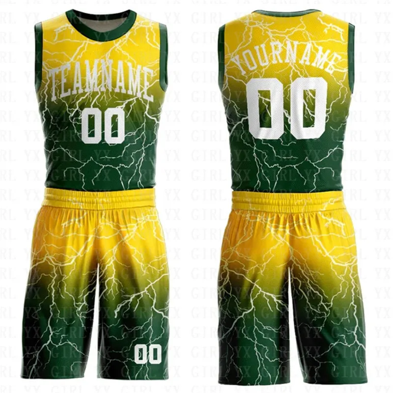 Custom Green White-Gold Round Neck Sublimation Basketball Suit Jersey 3D Printed Tank Tops And Shorts Personlized Team