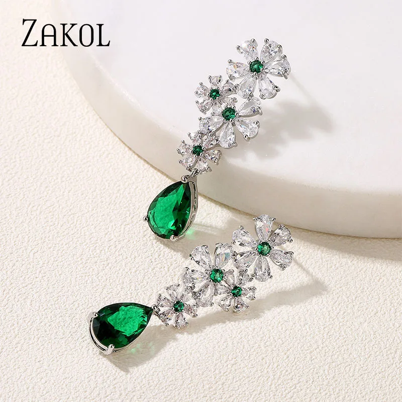 ZAKOL Vintage Luxury Green CZ Water Drop Flower Dangle Earrings Elegant Glamour Bridal Wedding Party Jewelry for Women EP5241