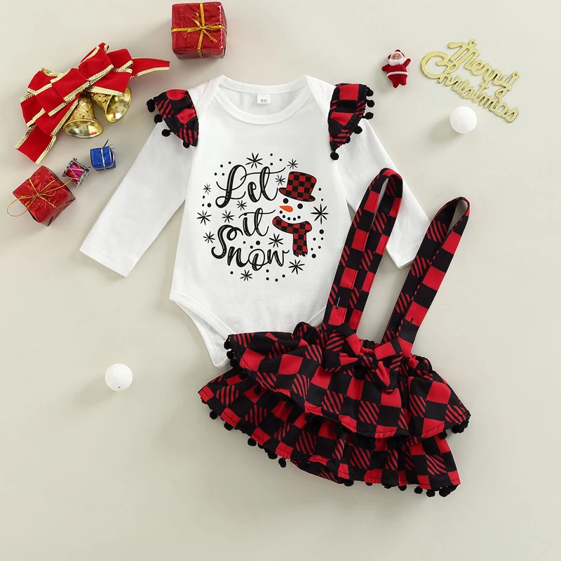 2Pcs Baby Clothes Girl Christmas Outfits Long Sleeve Ruffle Bodysuit Plaid Suspender Skirt Fall Winter Clothing Set