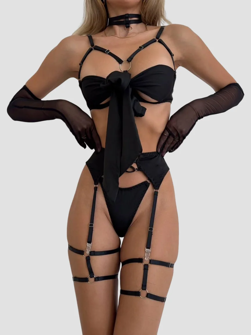 Ellolace Seductive Women's Lingerie Sets Cute Bowknot Satin Sexy Open Bra Garter Thong Choker Gloves Leg Straps Sensual Intimate