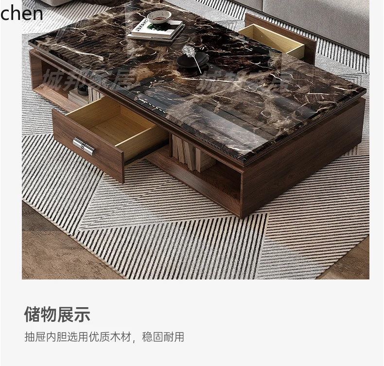 CZ Walnut Marble Coffee Table for Living Room, Large High-End Tea Table, Simple Modern Home Coffee Table and TV Cabinet Set