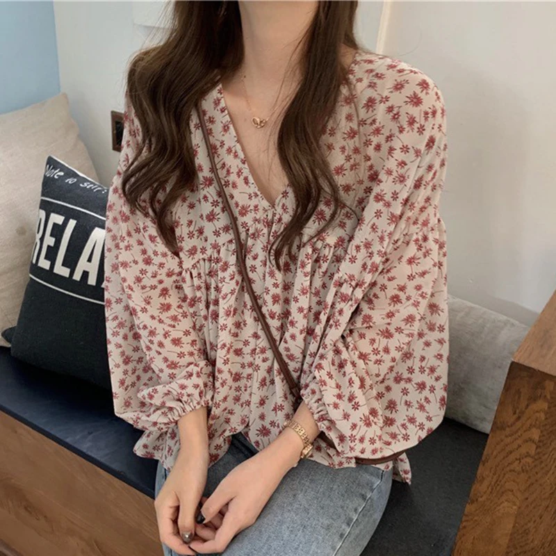 

GELITAYIN Fashion Loose Print Chiffon Blouse Women Summer Vintage V-neck Long Sleeve Shirt Female Sweet Casual Office Ladies Blo