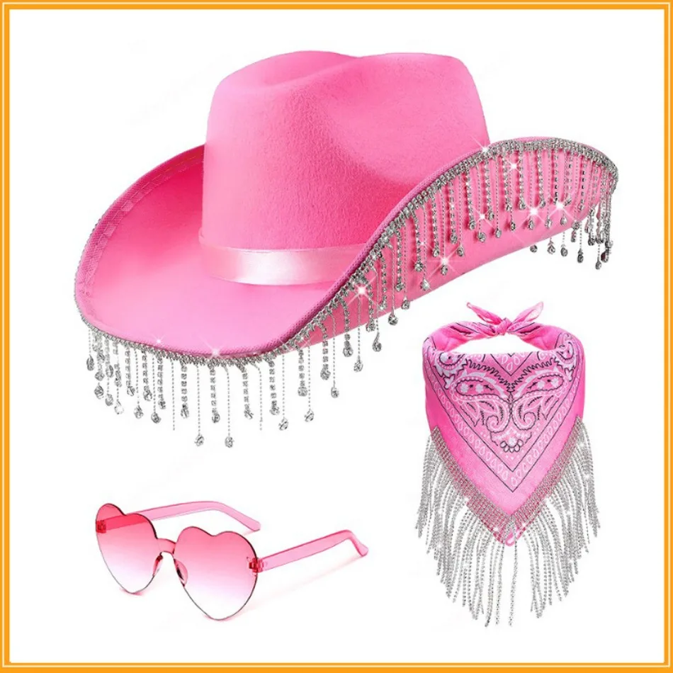 

Felt Cowgirl Hat Glitter Rhinestone Fringe Cowboy Hat with Fringed Bandana Bling Tassels Halloween Cosplay Costumes Props set 3