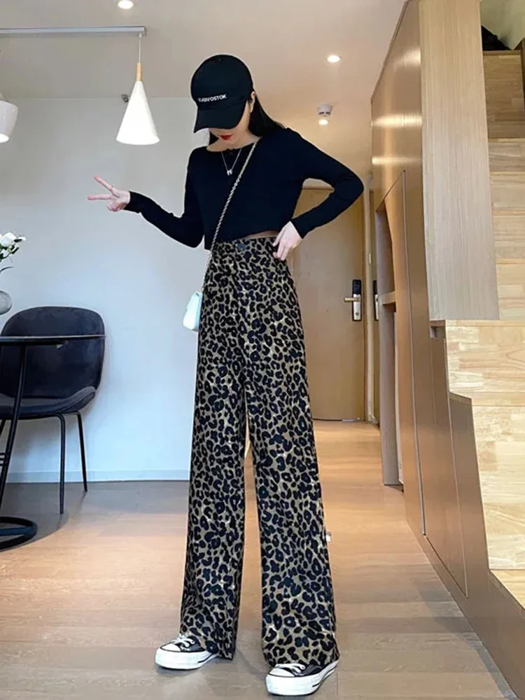 

New Arrival Vintage High Waist Leopard Print Loose Women's Pants Y2K Perfect Young Streetwear Fashion Simple Hip-Hop Style