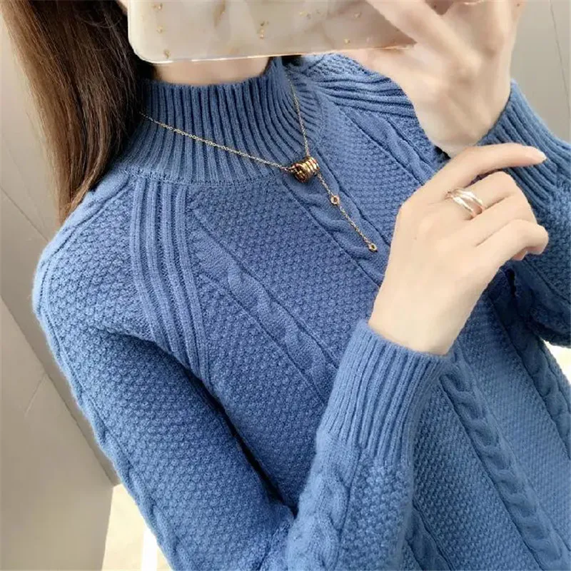 

Women Half High Collar Knitted Pullover Sweater Autumn Winter New Long Sleeves Knitwear Tops Female Casual Loose Jumper B1327