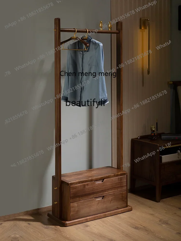 cc182R11 Black Walnut Solid Wood Single-Layer Double Drawer Floor Coat Rack Storage Furniture home organization and storage