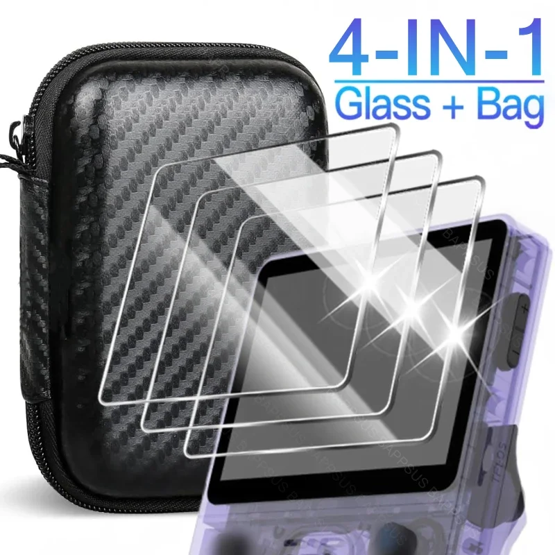 Vidro + saco para r36s/r35s protetor de tela 9h filme de vidro temperado eva caso de armazenamento portátil para r36s console protetor acessórios