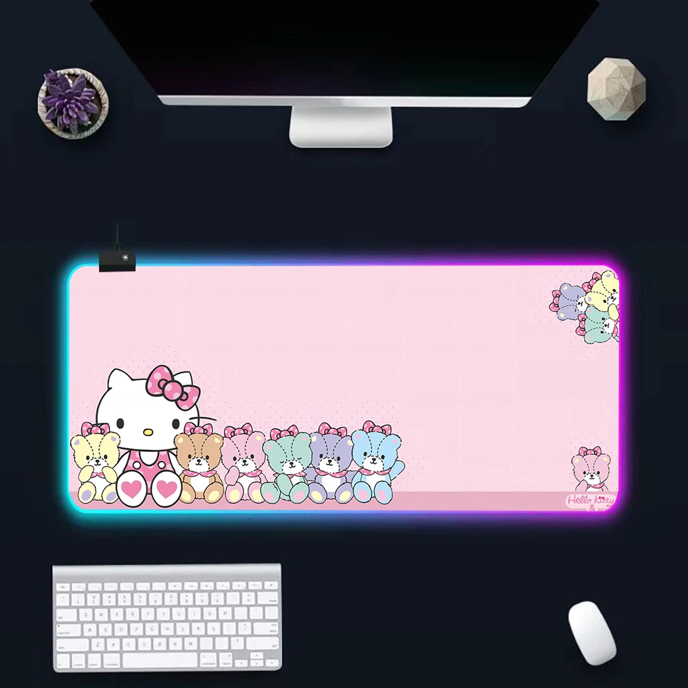 Cute Kittys Cartoon Helloes RGB Pc Gamer Tastiera Mouse Pad Mousepad LED Incandescente Tappetini per mouse Gomma Gaming Computer Mausepad