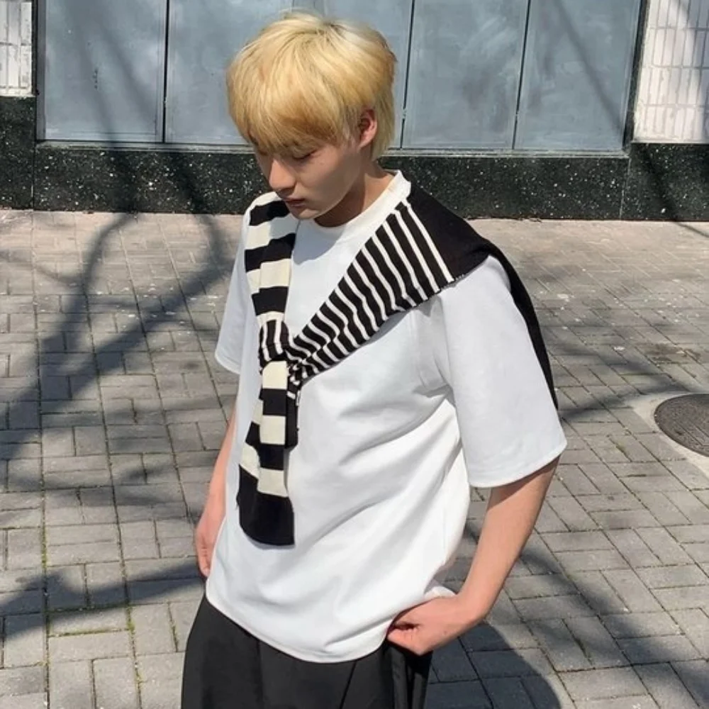 

Simple Sunscreen Men Knitted Shawl Wraps Korean Style Asymmetry Stripe Scarf Cloak Knotted Fake Collar Wraps Blouse