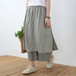 100% Cotton Linen Mori Girl Floral Embroidery Hem Wide Leg Pants Skirt Aesthetic Fairy Grunge Medieval Loose Distressed Trousers