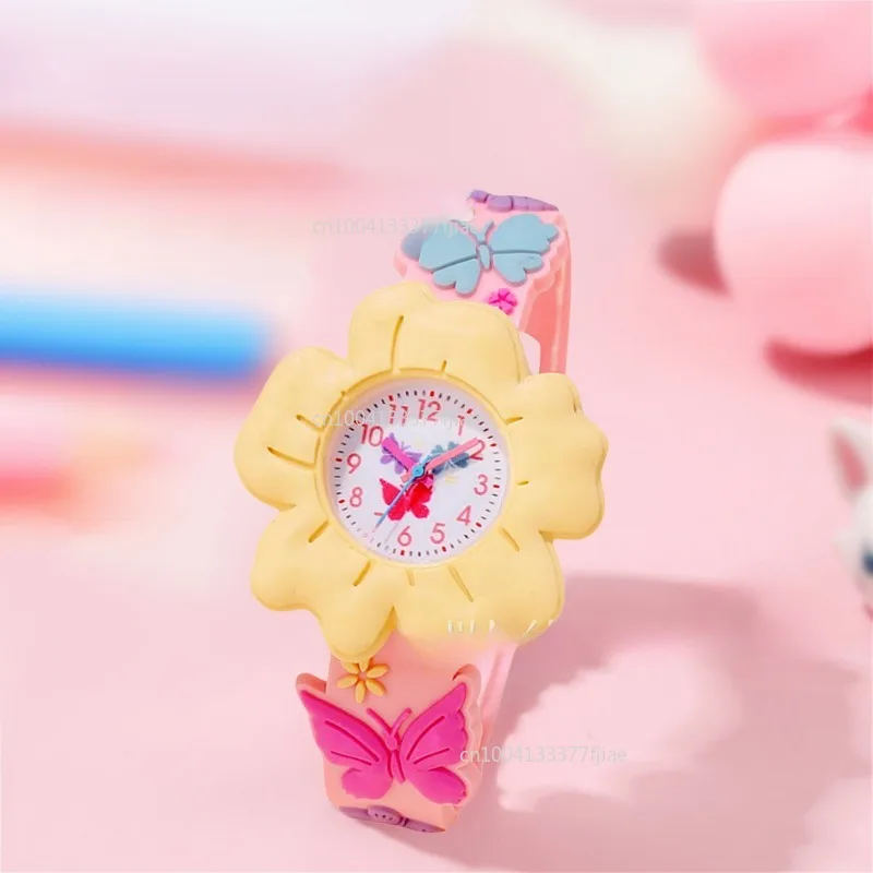 Montre-bracelet en silicone pour enfants, montre-bracelet à quartz, dessin animé, mignon, papillon, fleurs, Saturne, arc-en-ciel, décontracté, mode