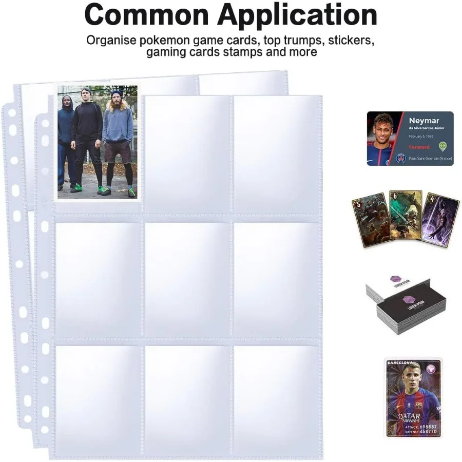 Trading Card Sleeve Pages PANDRI 100 Pack 9 Pocket Trading Card Storage Album Pages 11 Holes Fit 3 Ring Binder