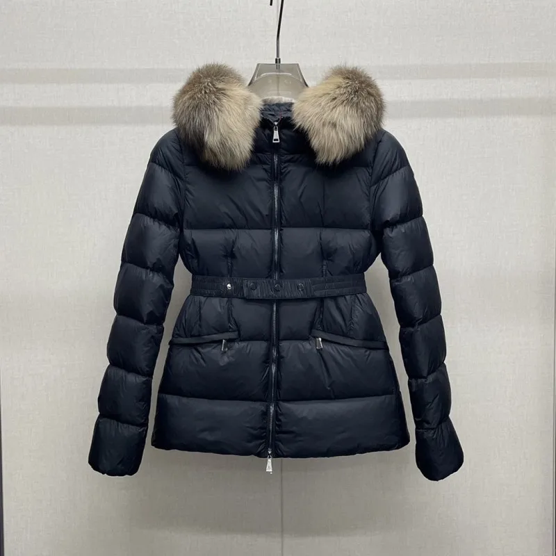 Autumn and winter female Fox fur collar hooded Down jacket Y2K Casual jacket Slim-fit belt warm Fashion clothing movement coat