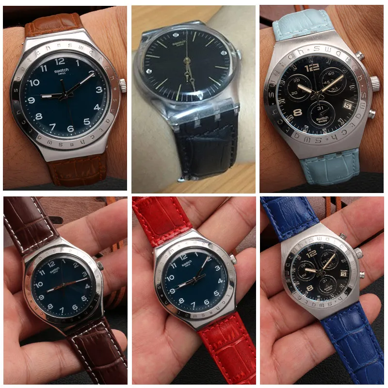 

Мужской и женский сменный ремешок для часов 17 мм, 19 мм, мягкий кожаный браслет из воловьей кожи для Swatch YRS YCS YGS IRONY с инструментом для замены.