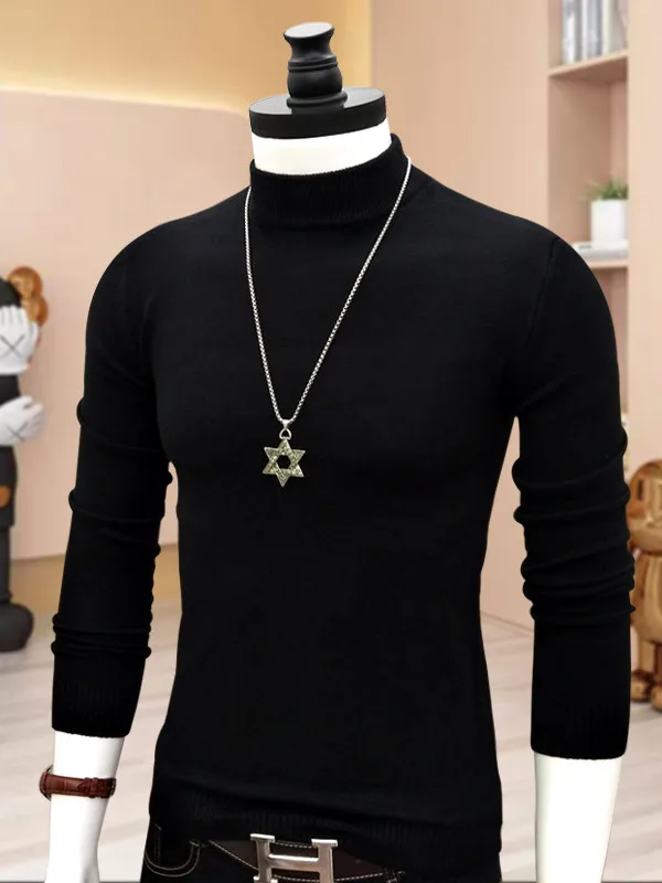 メンズ 暖かいニットセーター ハーフハイカラー スリムフィット 快適なベースレイヤートップ ファッショナブルな韓国スタイル バーガンディ 冬 ビジネスウェア