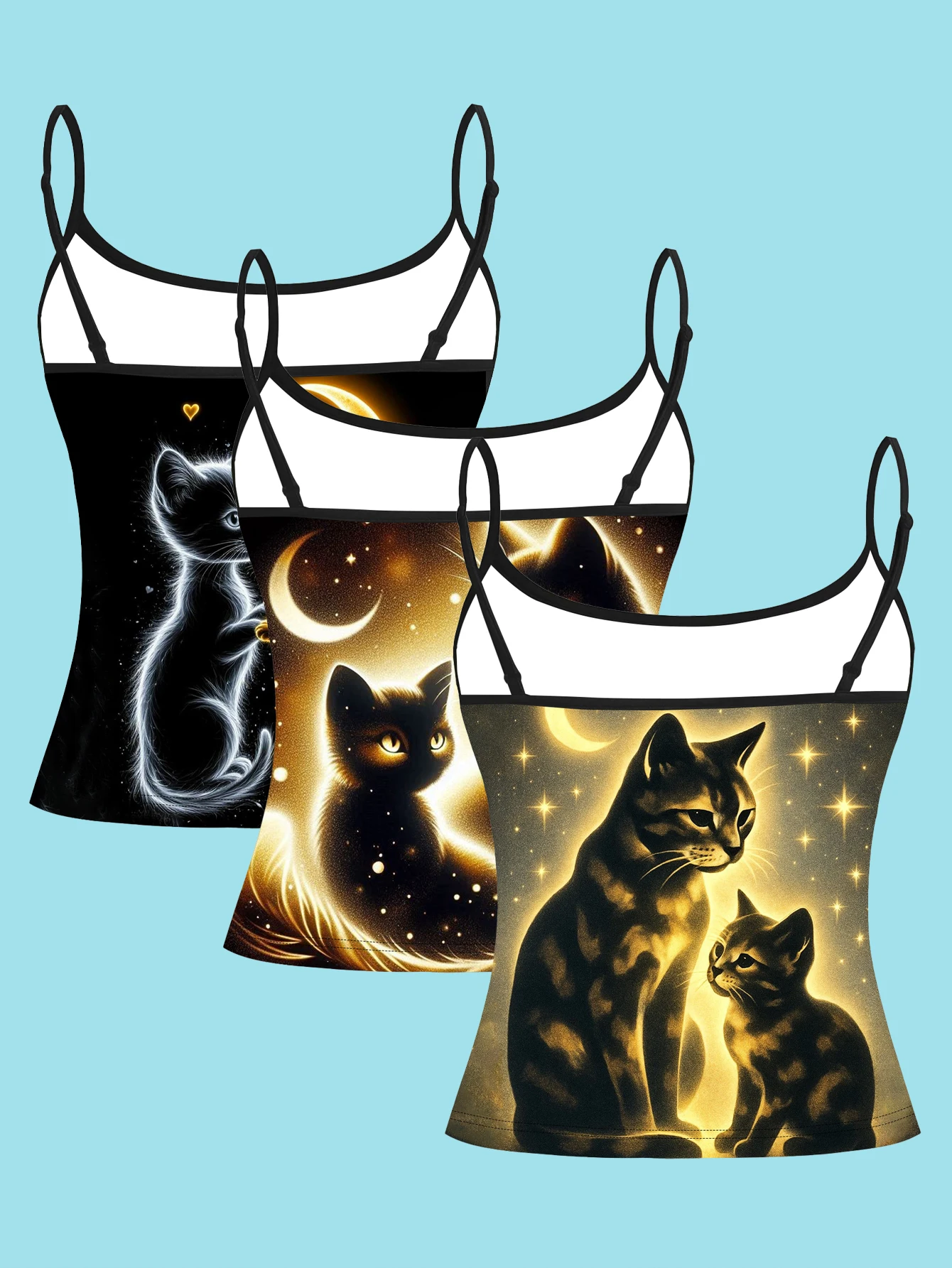 3-Piece Set of Black Cat Star and Moon Luminous Print Spaghetti Strap Camisole for Women, Mysterious Dreamy Style Slim Fit Inner Layering Top