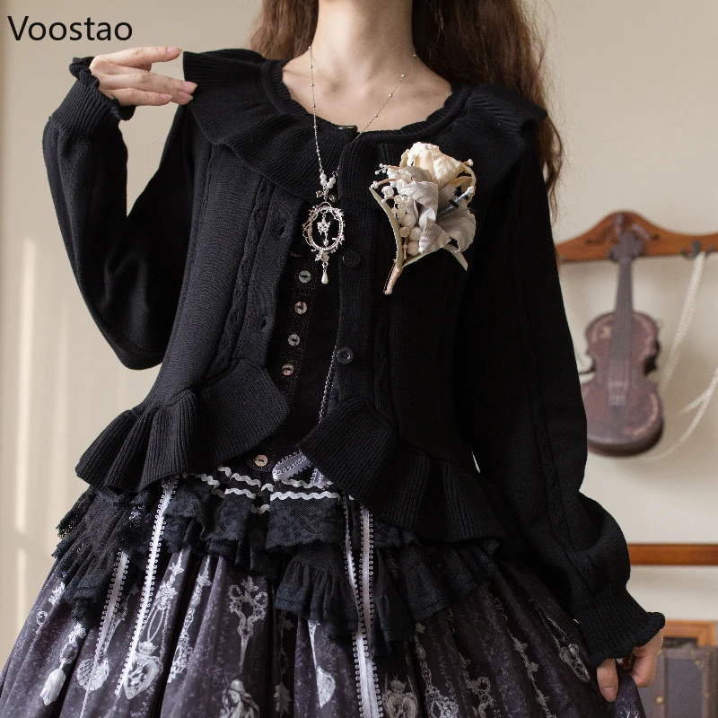 اليابانية Kawaii لوليتا البلوزات سترة المرأة أنيقة الحلو الكشكشة س الرقبة طويلة الأكمام محبوك معطف الفتيات Vintage بلايز عادية