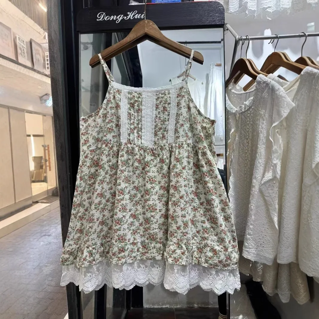 빈티지 모리 걸 꽃 프린트 레이스 패치 워크 슬립 드레스 여성 여름 새 캐주얼 루즈 스파게티 스트랩 a 라인 미디 드레스