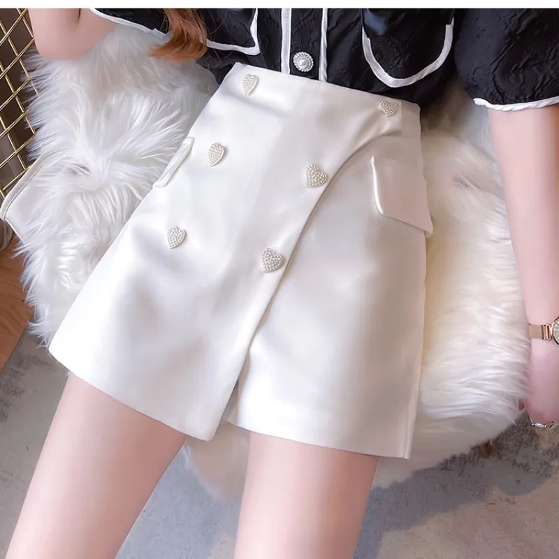 Elegant Office Lady Skirt Shorts Heart Button High Waist A-line Short Pants Spring Summer All Match Solid Streetwear