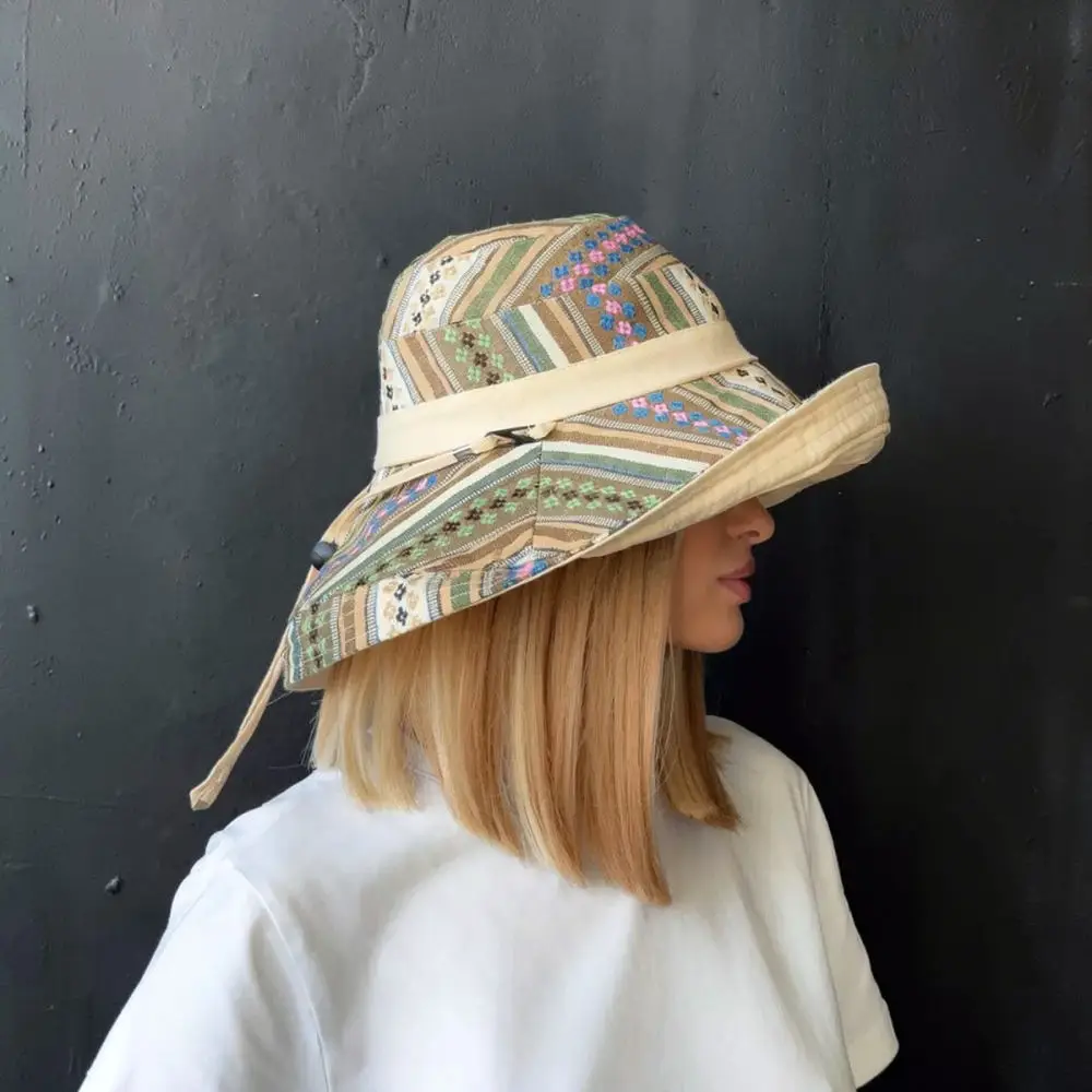 Reversible Cotton Bucket Hat Women Sun Protection Cap Foldable Wide Brim Beach Hat Casual Travel Outdoor Fishing Sunshade