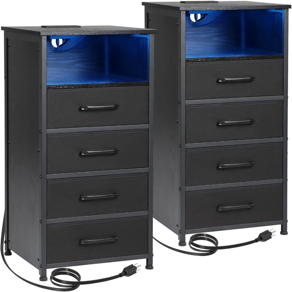 

Set of 2 Tall LED Nightstand with Charging Station, Night Stand Bedroom with 4 Drawers & Outlets, Bedside Table with Storage Bin