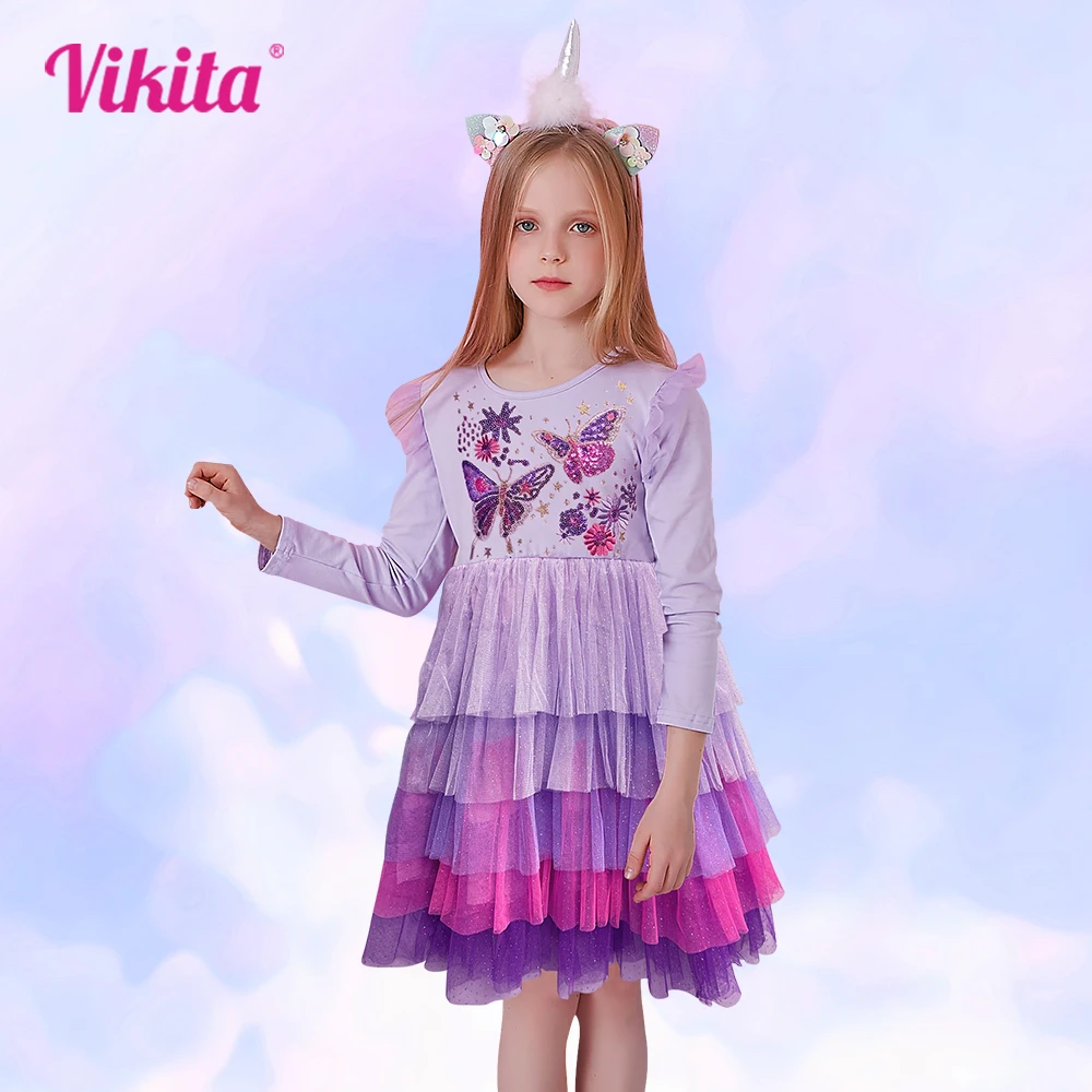 VIKITA Winter Princess Dress Flying Sleeve Children Birthday Party Costumes Cake Layer Tutu Kids Dress Butterfly Sequin  Clothes