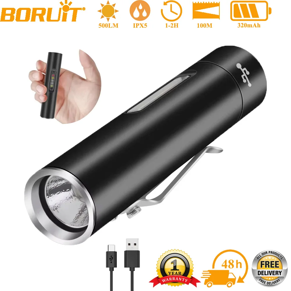 boruit-v5-led-edc-ミニ懐中電灯-500lm-type-c-充電式ポータブルトーチ-マグネットとクリップ付き-uv-ライト-キャンプポケットランタン