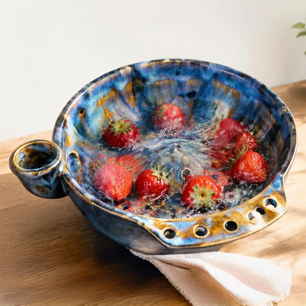 18cm Ceramic Berry Bowl, Self Rinsing With Drainage Hole Washing Bowl, Decorative Glazed Fruit Bowl For Kitchen Countertop